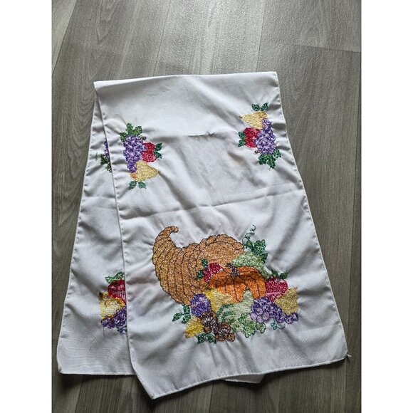 Thanksgiving Hand-Embroidered Cornucopia Table Runner With Fruit Design - Picture 7 of 8